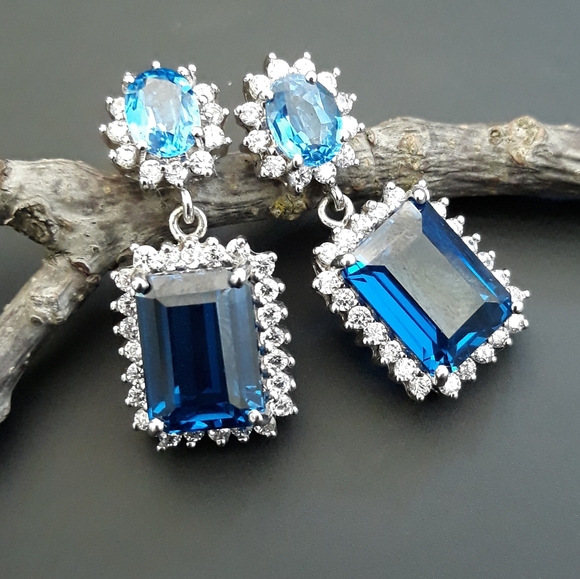 Intense Blue Swiss Topaz and Sapphire Earrings - Picture 8 of 11